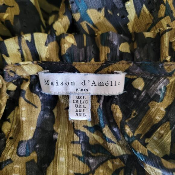 Maison d’Amelie Women L Black Chartreuse Chiffon Swiss Dot Ruffle Mock Neck Top - Picture 2 of 10